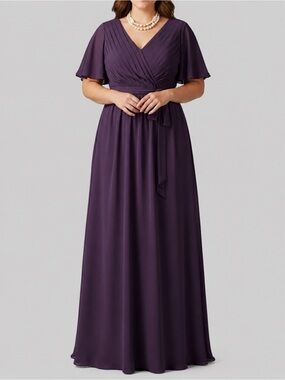 Purple Formal Dress Flutter Sleeve Maxi Medium Large